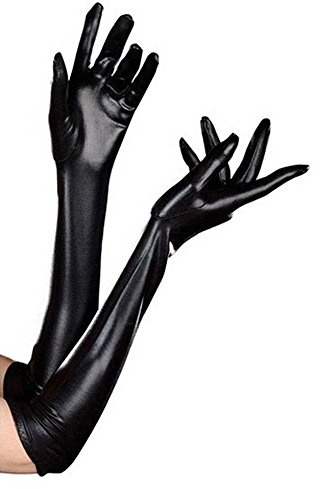 Luwint Women's Sexy Elastic Shiny Wet Look Satin Long Gloves (Black)