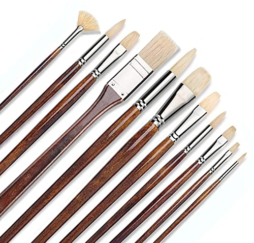 Borstenpinsel Set Malen, 11 Stück 100% Natur Chungking Reinborsten Künstlerpinsel mit Einer kostenlosen Tragebox | Ideales Pinsel Set für Ölmalerei,acrylfarben,Gouache | Braun