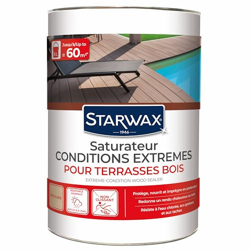 STARWAX - Saturateur Bois Extérieur Incolore - Conditions Extrêmes - Pour Terrasse - Nourrit & Protège - Résiste Aux UV, Intempéries, À L’Eau Chlorée - Fabriqué En France - Jusqu’à 60m2 - 5L | Nourrit protège et embellit terrasses bois exotiques, résistance UV intempéries et eau chlorée, rendement 10 à 12m²/L