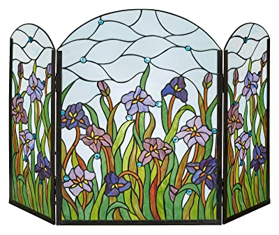 Touch of Class Spring Dreams Decorative Fireplace Screen - Stained Glass - Purple, Green, Mocha, Ivory, Blue - Floral Style Decor