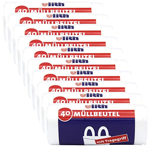 Ulith - Bolsas de basura con asa (20 L, 40 unidades por rollo), transparente