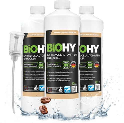 BiOHY Helautomatisk avkalkare för kaffemaskin (3 x 1l flaska) + doser | Idealisk för avkalkning av alla kaffe- och espressomaskiner | Passar alla välkända märken (Kaffee Entkalker)