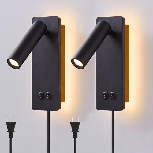 LED wall lamp and reading light two-in-one multifunctional wall sconces. LED Wall Lamp Plug in for Bedroom Bedside Wall Sconces Set of Two Black Reading Light 3W+6W Night Light 3000K(BLACK)