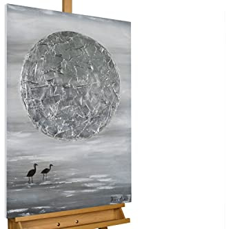 KunstLoft Leinwandbild | 100% HANDGEMALT | 60x90cm | Gemälde 'Silver Moon' | Abstrakt | Grau Silber | Wandbild Wohnzimmer