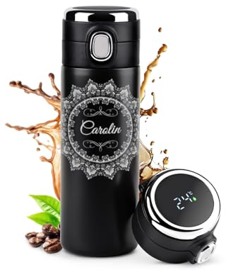 Maverton Thermobecher Kaffeebecher mit Gravur 400 ml - Trinkflasche Auslaufsicher 100% dicht - Thermo Trinkflasche mit LED-Temperaturanzeige - Travel Mug Geschenk für Frauen - schwarz - Ornament