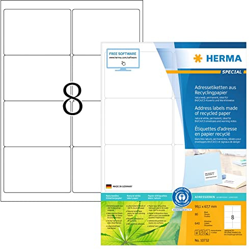 HERMA 10732 Recycling Etiketten, 80 Blatt, 99,1 x 67,7 mm, 8 pro A4 Bogen, 640 Stück, selbstklebend, bedruckbar, matt, blanko Recycling-Papier Klebeetiketten Aufkleber, natur-weiß