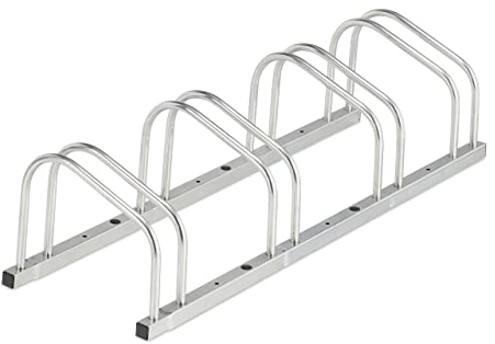 Relaxdays Soporte Bicicletas Suelo para 4 Bicis, Neumáticos hasta 50 mm, Metálico, Garaje, Aparcabicicletas, Plateado, Acero, 26 x 103 x 33.5 cm