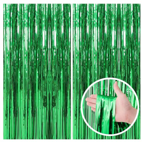 2 Pack Green Streamers Backdrop Jungle Party Decorations Foil Fringe Backdrop Curtains Photo Booth Backdrop for Birthday Dinosaur Animal St Patrick's Day Football Christmas Party Decorations