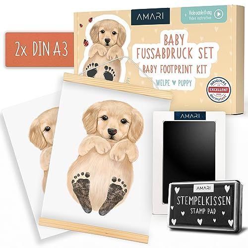 Amari ® Baby fotavtrycksset med 2 djuraffischer (motiv valpar) & Clean Touch Pad – presenter till födseln – fotavtryck baby djurbild – baby avtrycksset – fotavtryck baby – baby shower gåva