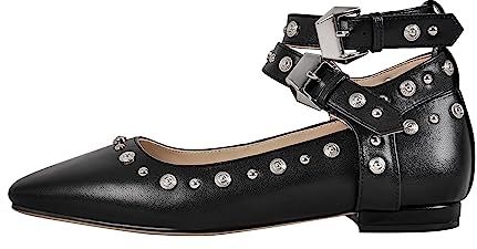 MissHeel Flache Halbschuhe Mary Jane Ballerinas Pumps with Ankle Straps Verzierte Nieten Gothic Cool Stil Prinzessin Flat Shoes Jeansblau EU 38