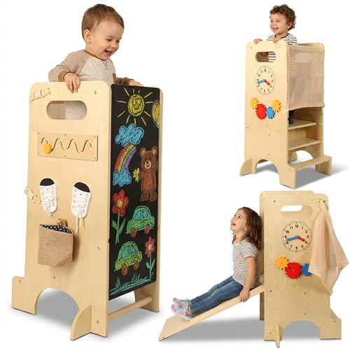 Torre de Aprendizaje - Torre Aprendizaje Montessori - Torre Montessori de Madera - Torre multifuncional con Juegos Sensoriales Infantiles - Learning Tower - Taburete Infantil Multiusos para Niños