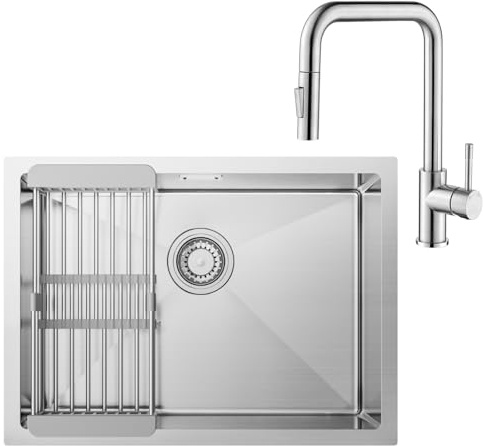 CECIPA Fregadero Cocina 1 Seno 60 x 44cm Con Grifo Extensible, Bajo o Sobre Encimera, Acero Inox 304, Cesta de Filtro Extensible, Sifón y Kit de Drenaje