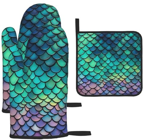 YYHHAOFA Lot de 3 gants de cuisine imperméables et durables pour four et manique pour isolation thermique et anti-brûlure Motif écailles de sirène