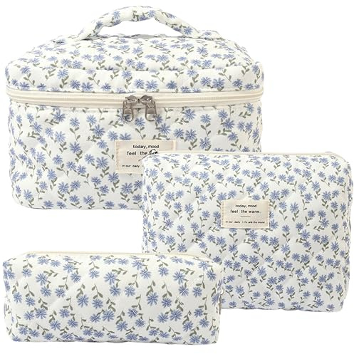GoaePode Reise Kosmetiktasche Set Damen, 3 Stück Verschiedene Größen Blumen Aesthetic Make up Bag aus Baumwolle, Gesteppte Kulturtasche Beauty Case Schminktasche Travel Essentials, Blue Peacock
