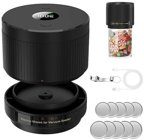 Sellador al Vacío Mason Jar Sellador al vacío de tarros eléctrico, Kit de sellador al vacío inalámbrico con pantalla Digital LCD for tarros de boca ancha y Regular