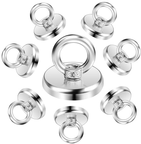 8 Stück 32mm Magnete Stark Magnetfischen, Neodym Magnete Extra Stark Magnet mit Öse Magnet Haken Super Starker Angelmagnet mit Loch für Zuhause, Werkstatt, Schließfächern, Teichbergung