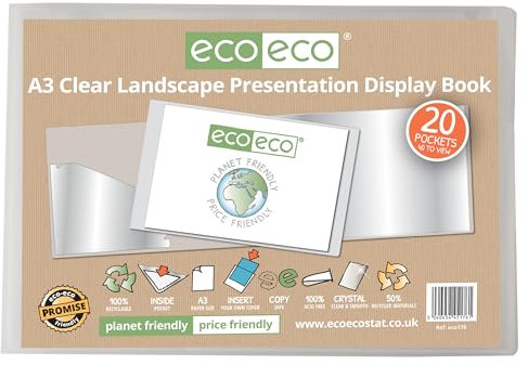 eco-eco eco176 Präsentationsbuch, A3, 50% recycelt, 20 Hüllen, transparent, Querformat, Aufbewahrungsetui, Kunstmappe mit Kunststoffhüllen, transparent