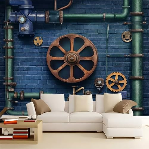 Photo Wallpaper Metal Pipes Steam Gears Decor Wall Mural, for Living Room Children's Bedroom 350 x 256 cm Non-Woven Premium Photo Wallpapers Blue Indoor Home Background