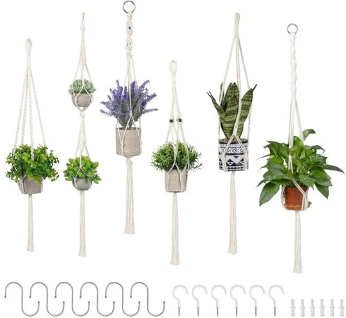 Generisch Makramee Blumenampel 6er Set, Baumwollseil Hängeampel Boho Deko für Blumentöpfe und Pflanzen, Innen und Außendekoration, für Garten, Balkon, Fenster, Wohnzimmer, Beige