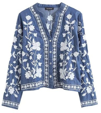 Chemises en jean pour femme - Chemisier boutonné Y2K - Vintage - Broderie florale - Coquette - Esthétique - Vêtements de cowboy, bleu, Taille M
