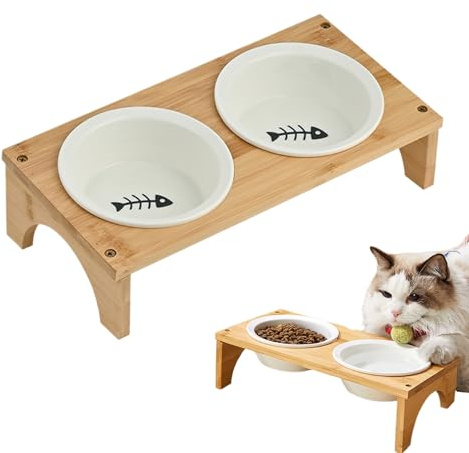 Gamelles Chiens Surelevées avec 2 Céramique Bols Porte Gamelle Chien Surelevee avec Base en Bois Antidérapante Support Gamelle Chien Antidérapant Bol d'eau Incliné pour Chat