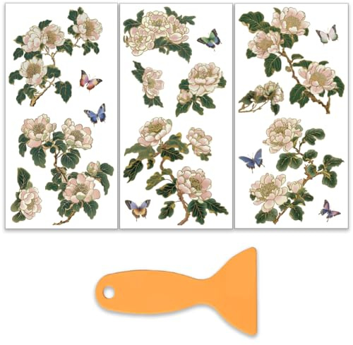 OLYCRAFT 3 Stück/Set Pfingstrosen Transferfolien Zum Aufreiben Für Möbel Und Bastelarbeiten 15x30cm Orientalische Ästhetik Möbelaufkleber Transferaufkleber Zum Aufreiben Mit 1 Teiligem Schaber