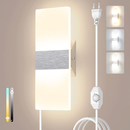 Sytmhoe Schlafzimmer Dimmbar Wandlampe Mit Schalter E27 Kabel, 12W 960LM Led Wandleuchte Innen 3000K 4500K 6000K Veränderbar Modern Silber Acryl Aluminium Für Kinderzimmer Wohnzimmer Hotel Wohnung