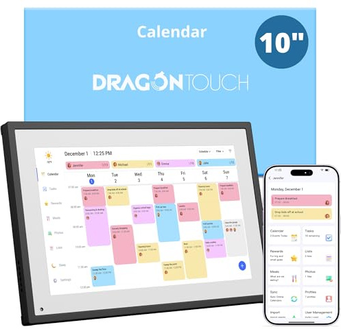 Dragon Touch 10.1 inch Digital Calendar Chore Chart – Interactive Touchscreen, Smart Family Planner, Hearth Display Desk Digital Calendar Seamless Scheduling Black