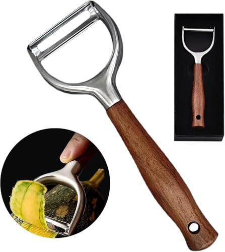 Pelador profesional de verduras para cocina, ultra afilado, acero inoxidable 304, hoja duradera, pelador rápido, manzana, zanahoria, patata, mango ergonómico de madera natural antideslizante (A1)