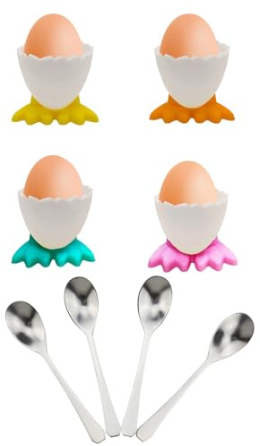 ZesNxj 4 Stück Mehrfarbige Eierbecher Lustig + 4 Stück Eierlöffel Edelstahl Poliert, Eierbecher Plastik für Küche und Esstisch, Ideal für Erwachsene und Kinder
