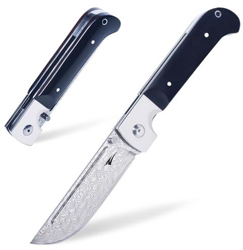 Zetterrank Grand Couteau Pliant, Couteau Damas Pliant en acier VG10, Couteau de chasse XXL, pour Camping en Plein Air, Cadeau Homme