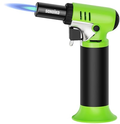 Sondiko Küchenbrenner Profi S907, Nachfüllbarer Flambierbrenner mit Brennstoffanzeige, Regulierbare Flamme Crème Brûlée Brenner, Gasbrenner für Küche, Backen, Grün & Schwarz (Butan Nicht Inbegriffen)