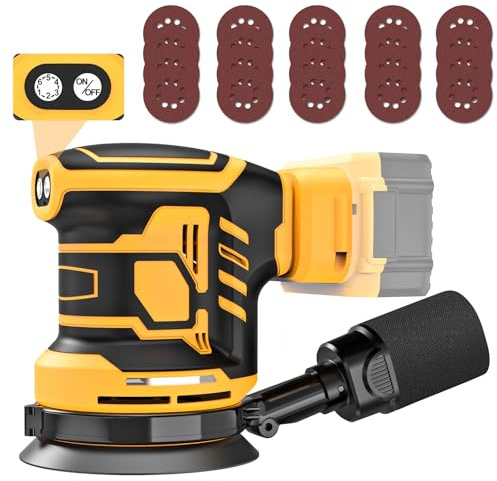 Orbital Sander for De-Walt 20v Battery, Brushless Motor 5 Inch Cordless Sander with 6 Variable Speed 9700-19000RPM, 20PCS Sanding Discs & Dust Collector, Electric Sander for Sanding (No Battery)