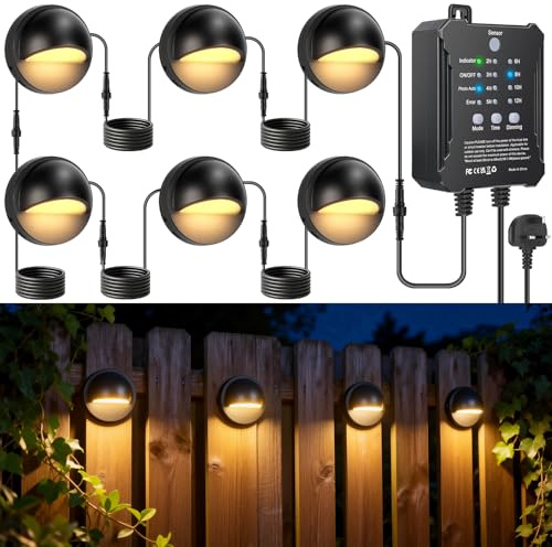 LightingWill Garden Lights Mains Powered with Timer and Photocell Sensor, 6 Pack LED Fence Lights, 3000K Warm White, IP67 Low Voltage Garden Lights for Fence, Yard, Patio, Pathway