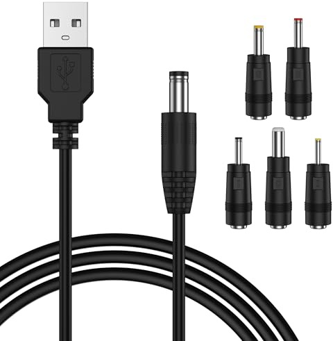 USB to DC Cable, 1M 5V 2.0 A Universal USB Power Cable Male to DC 5.5 x 2.1mm Barrel Jack Plug Charger Power Cord Adapter with 2.5x0.7mm 3.5x1.35mm 4.0x1.7mm 5.5x2.5mm 3.0x1.0mm 5 Connectors Tips