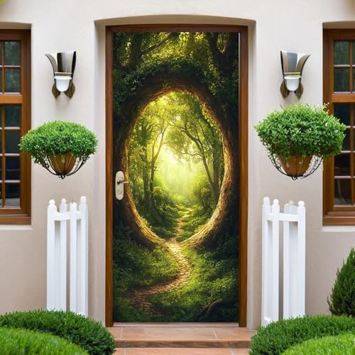 Grün Türtapete Selbstklebend Türfolie Wald Bäume Höhlen Türaufkleber Wandbild PVC Türtattoos Türposter Fototapete für Wohnzimmer Schlafzimmer Küche Toilette Türdeko 86x200 cm