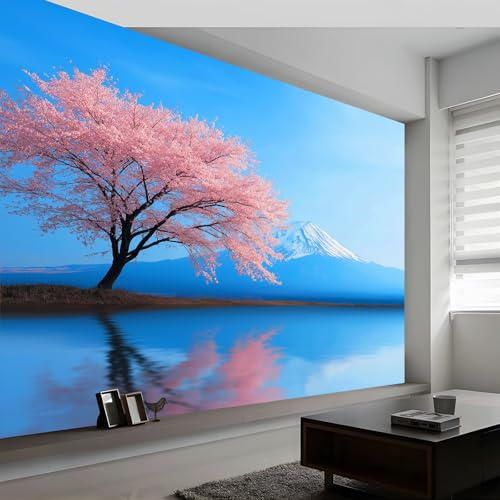3D Papier Peint Panoramique Bord de Lac Cerisier Fleurs Montagnes, Papier Peint Panoramique Murale Paysage Naturel pour Salon Chambre Chambre D'Enfant - Décoration Murale Photo 200L x 140H cm