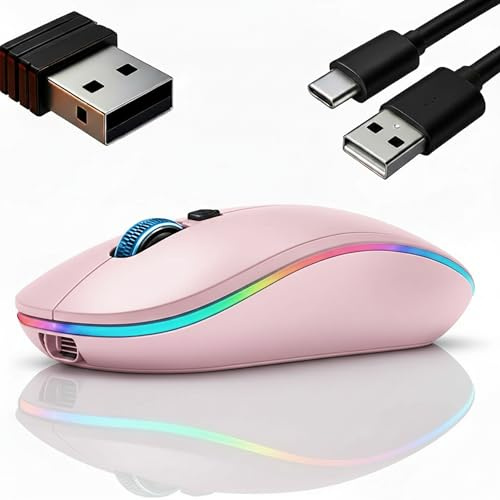 Wireless Mouse – Slim LED 2.4Ghz Rechargeable Wireless Mouse for Laptop Computer Mouses, Silent Mouses Wire less for Gaming, Portable Cordless Mouse for Windows, laptop, PC, Home & Office (Pink)