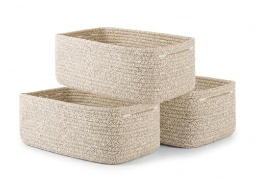 3er Set Aufbewahrungskorb Geflochten Baumwollseil, 33 x 20 Aufbewahrungskörbe mit Griffen Stapelbare Multifunktionelle Organizer Körb, Gewebter Korb Geflochten für Aufbewahrungswürfel (Leinen)