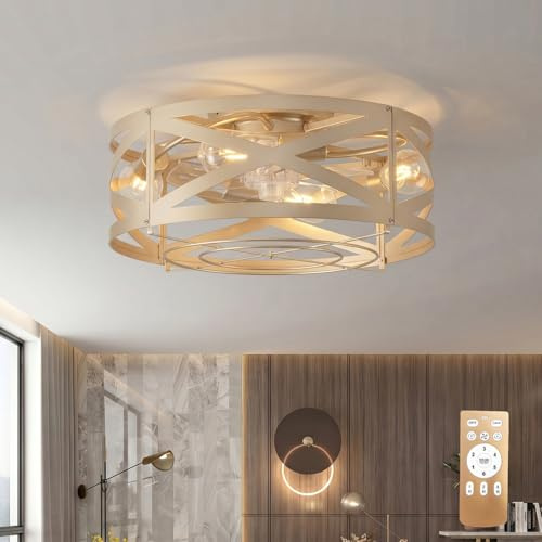 YOLEDY Ventilatore da Soffitto con Luce Silenzioso, Design Industriale Vintage a Gabbia con Motore DC, Plafoniera Ventilatore 6 Velocità + Telecomando, 4x E27, Funzione Reversibile, Champagne Oro
