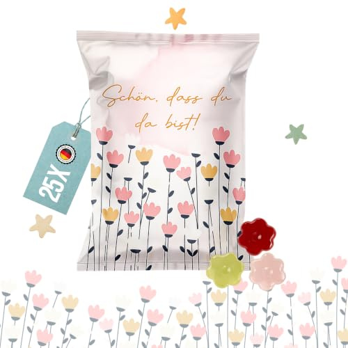 Mini Gummibärchen Blumen 25er Set - Fruchtgummi Give Away 10 g pro Tüte 7x9 cm - Süßigkeiten Mitgebsel Hochzeit Geburtstag Sommerfest Tischdeko - Logbuch-Verlag
