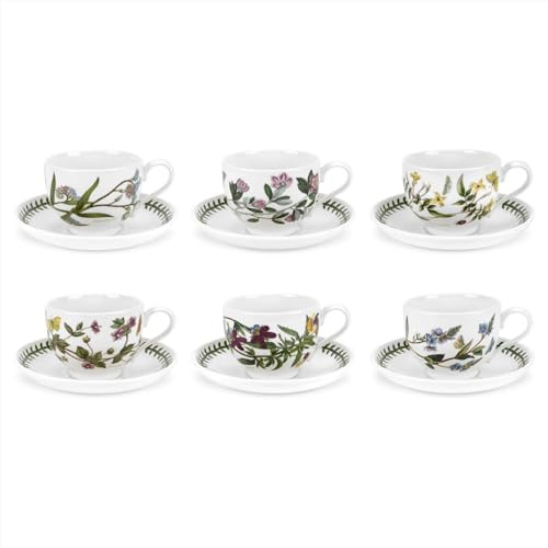 Portmeirion x Botanic Garden Set of 6 Tea Cups - Assorted Multi-Colour Earthenware with Elegant Floral Design, Made in England, Suitable for Everyday Dining, Entertaining, or Picnics