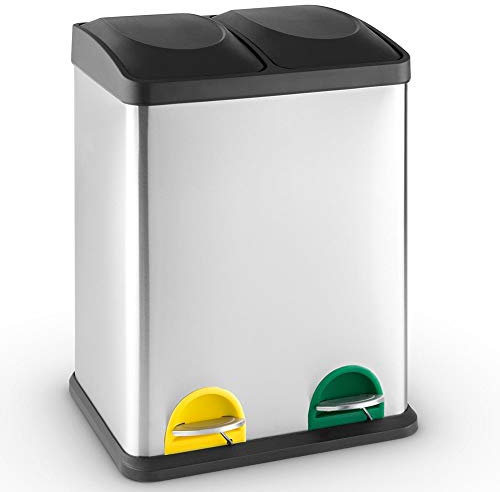 BAKAJI Pattumiera Raccolta Differenziata in Acciaio Inox e Plastica con Scomparti contenitore Bidone Spazzatura Estraibile con Apertura a Pedale per Casa Cucina e Esterno (30 Litri)