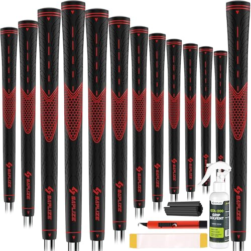 SAPLIZE Jeu de 13 poignées de Golf avec kit de regrippage Complet Poignées de Club de Golf en Caoutchouc de Taille Standard Rouge