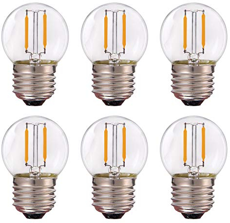 Bombilla de filamento LED G40 Edison Mini Globe, AC/DC 12V-24V 1W Equivalente a 10 Watt Incandescente - E27 Base de tornillo Blanco cálido 2700K Iluminación decorativa No regulable - Paquete de 6