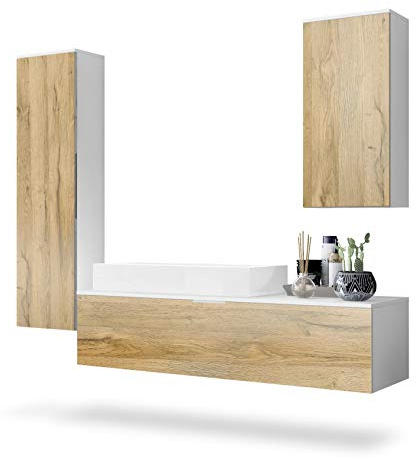Vladon Set di mobili da Bagno Armadio Beach, Struttura in Bianco Opaco/Frontali in Rovere Naturale, con lavabo da appoggio