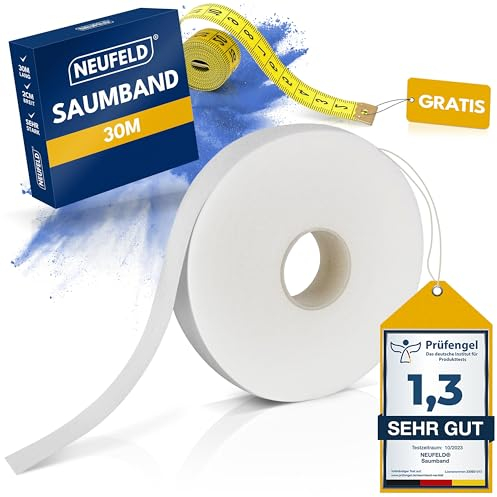 NEUFELD® Saumband zum Aufbügeln 30m (inkl. Anleitung) I Bügelband zum Kürzen für Vorhänge I Bügelkleber für Textilien I Gardinen kürzen ohne Nähen