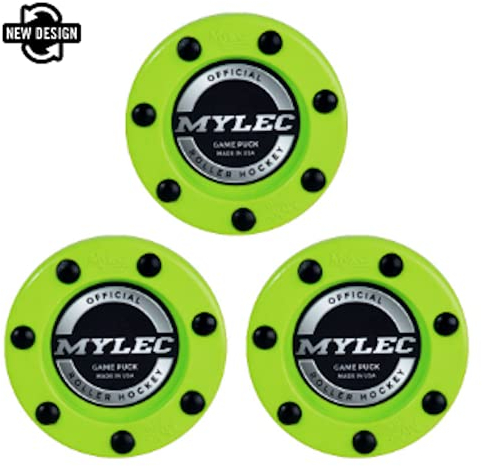 MyLec Hockey Pucks for Outdoor Hockey, Made with PVC, Hockey Stuff with Graphite Reinforced Shaft & Nylon Glides, Training Pucks for Street Hockey (Green, 110gm, Pack of 3)