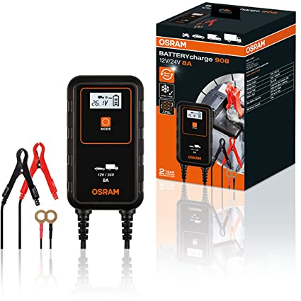 OSRAM BATTERYcharge 908, 8A Chargeur de Batterie et Entretien de Batteries pour Voitures, Motos, SUV, camionnettes, Petits camions (12V/24V)