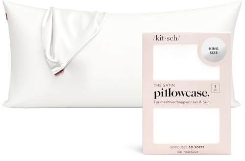 Kitsch 100% Satin-Kissenbezug mit Reißverschluss,weicher als Seide,kühlender Satin-Kissenbezug,Veganer Seiden-Kissenbezug für Haar und Haut,King-Seiden-Kissenbezug (elfenbeinfarben) | Weicher als Seide Kissenbezüge, glatter kühlender Satin Kissenbezug für Haar und Haut, knitterfrei, maschinenwaschbar